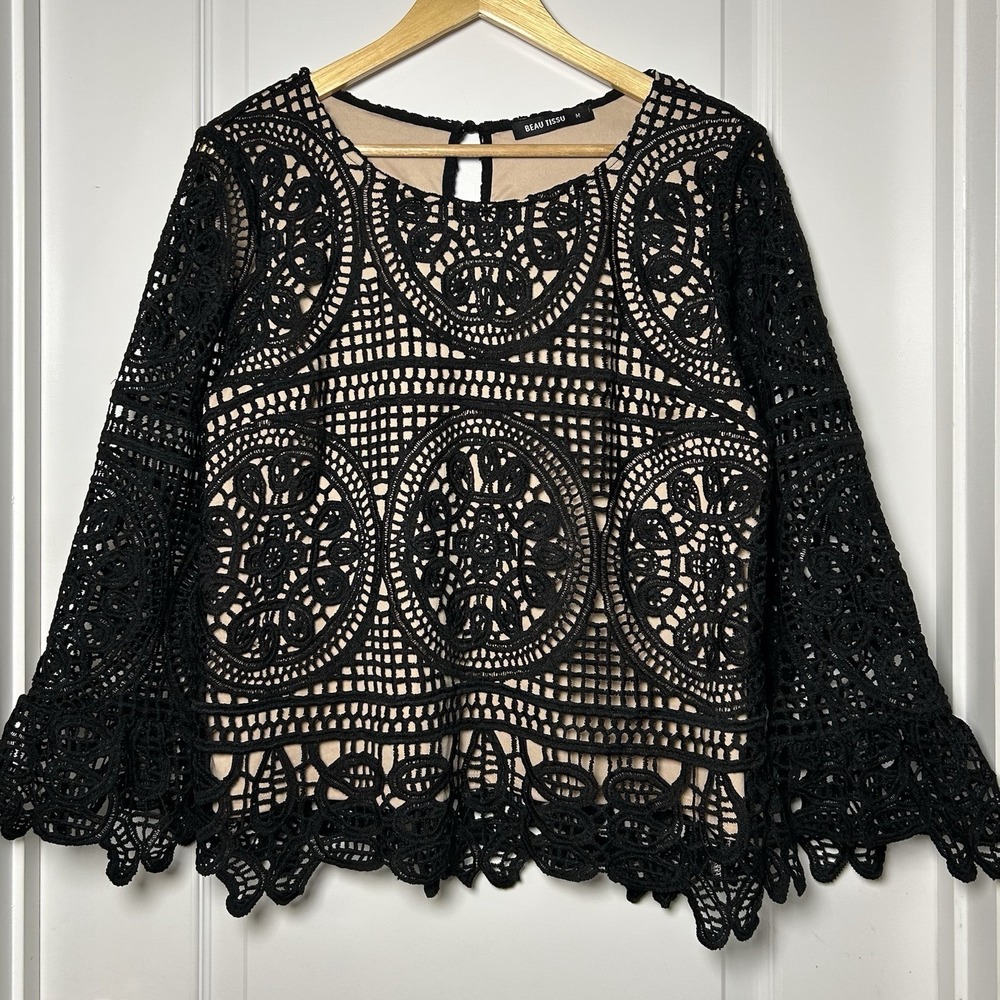 Beau Tissu Black Crochet Lace Bell Sleeve Scalloped Hem Top Whimsigoth Style